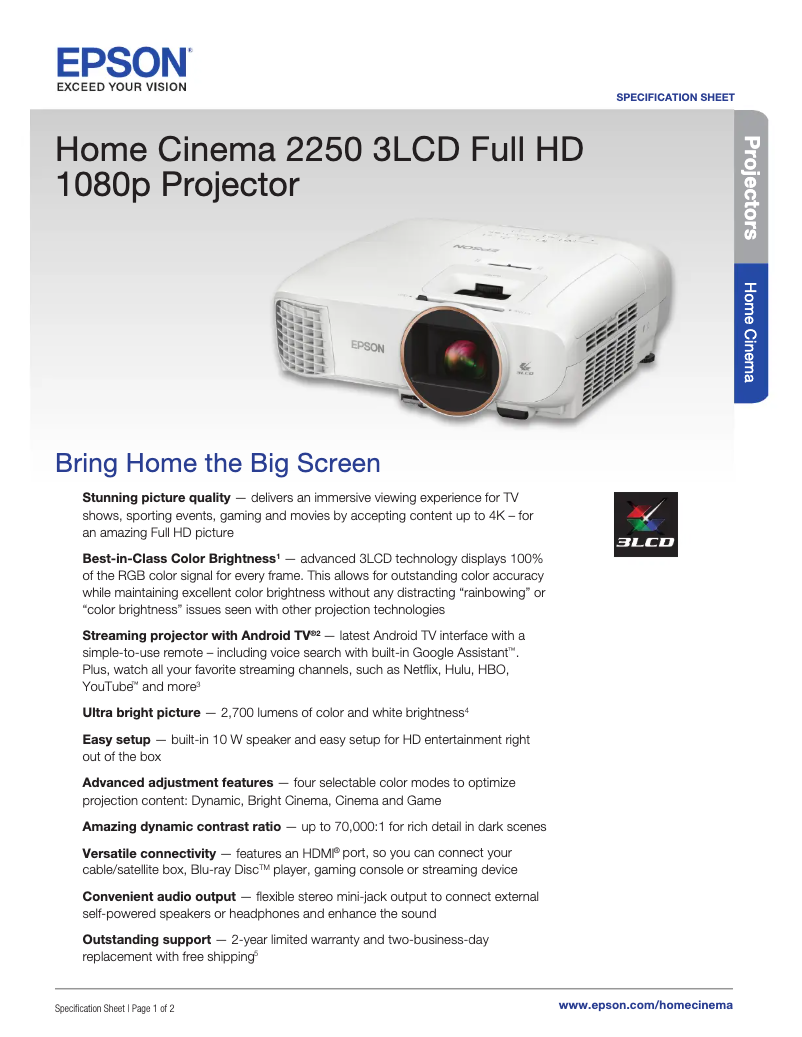 Página 1 del manual Ficha técnica Epson Home Cinema 2250