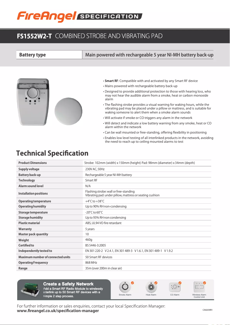 Página 1 del manual Ficha técnica FireAngel FS1552W2-T