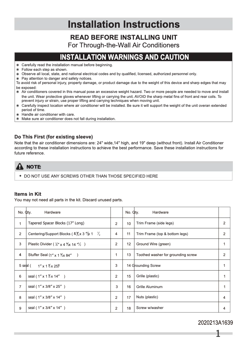 Página 1 del manual Guía de instalación Frigidaire FFTA1033Q1