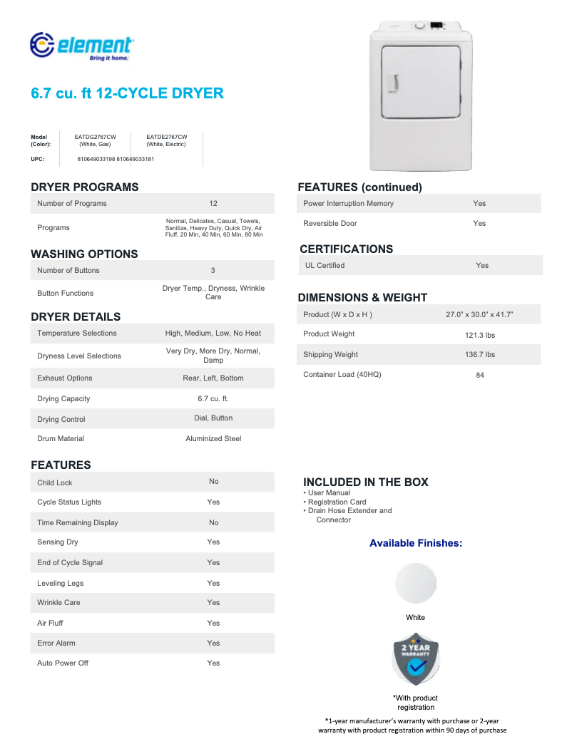 Imagen de la primera página del manual del dispositivo EATDG2767CW
