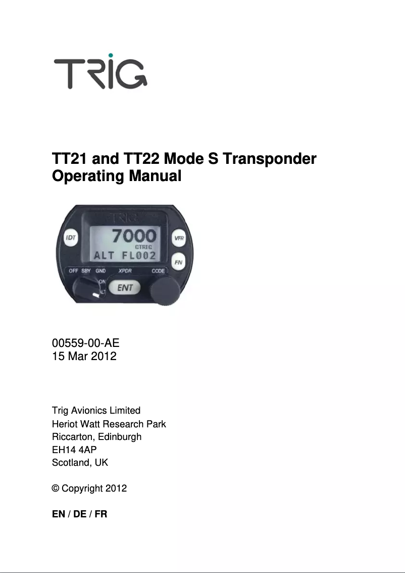 Imagen de la primera página del manual del dispositivo TT22 Mode S Transponder