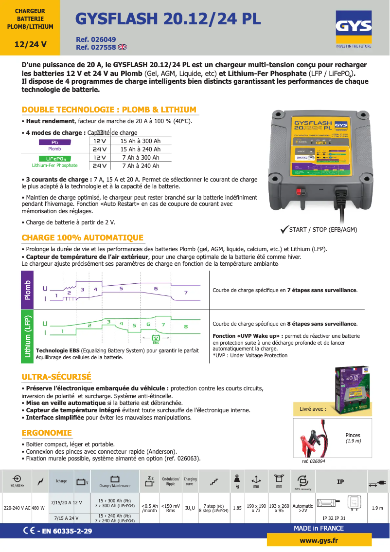 Página 1 del manual Ficha técnica GYS Gysflash 20.12/24 PL