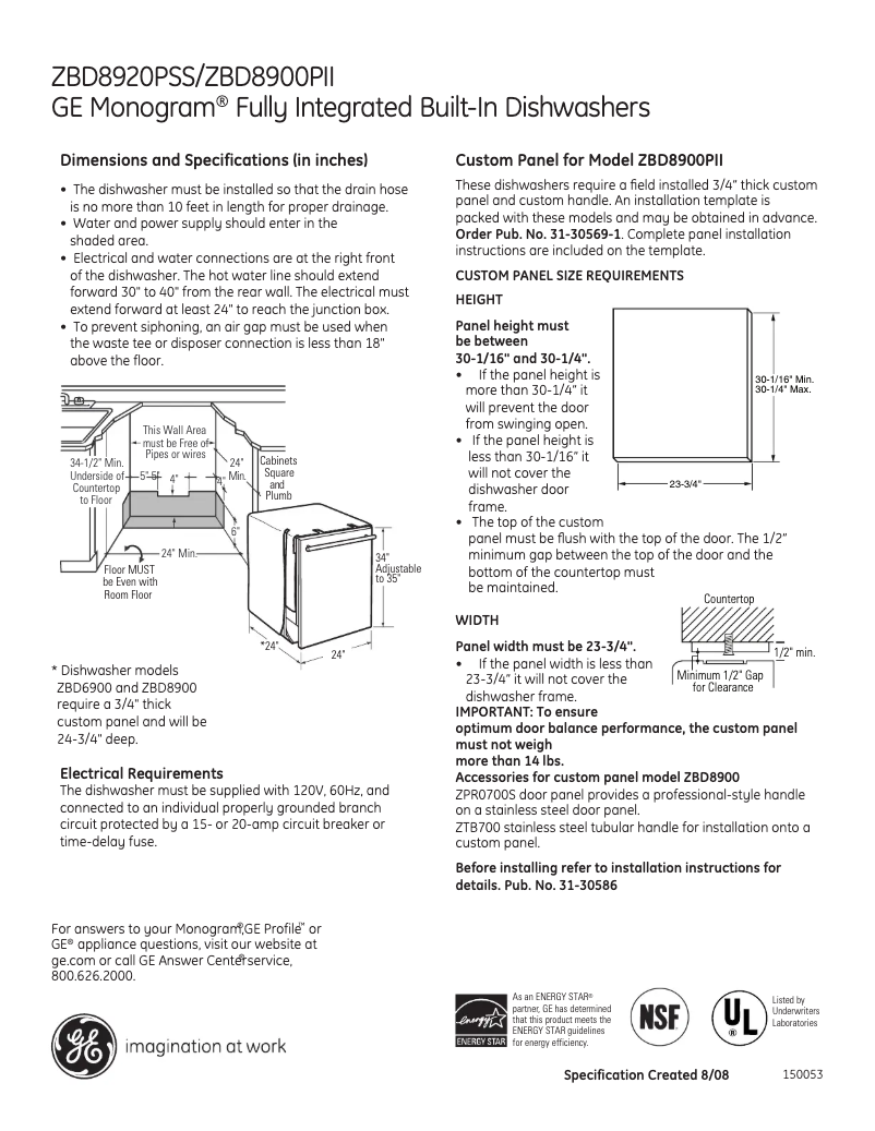 Página 1 del manual Ficha técnica GE ZBD8900PII