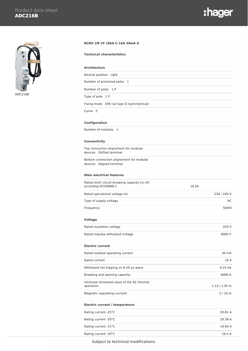 Página 1 del manual Ficha técnica Hager ADC216B