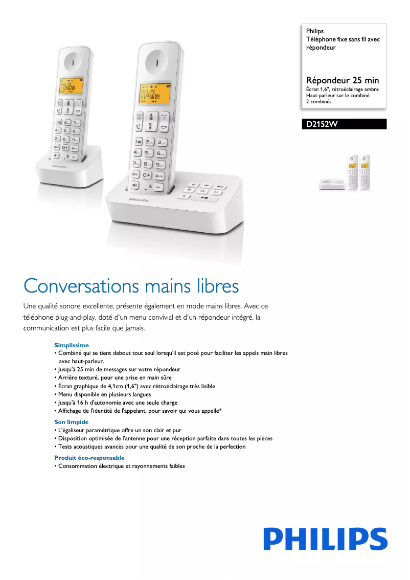 Página 1 del manual Ficha técnica Philips D2152W