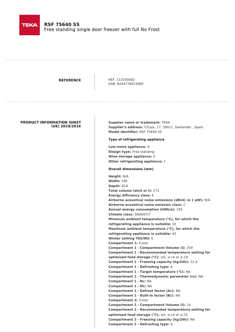 Página 1 del manual Ficha técnica Teka RSF 75640