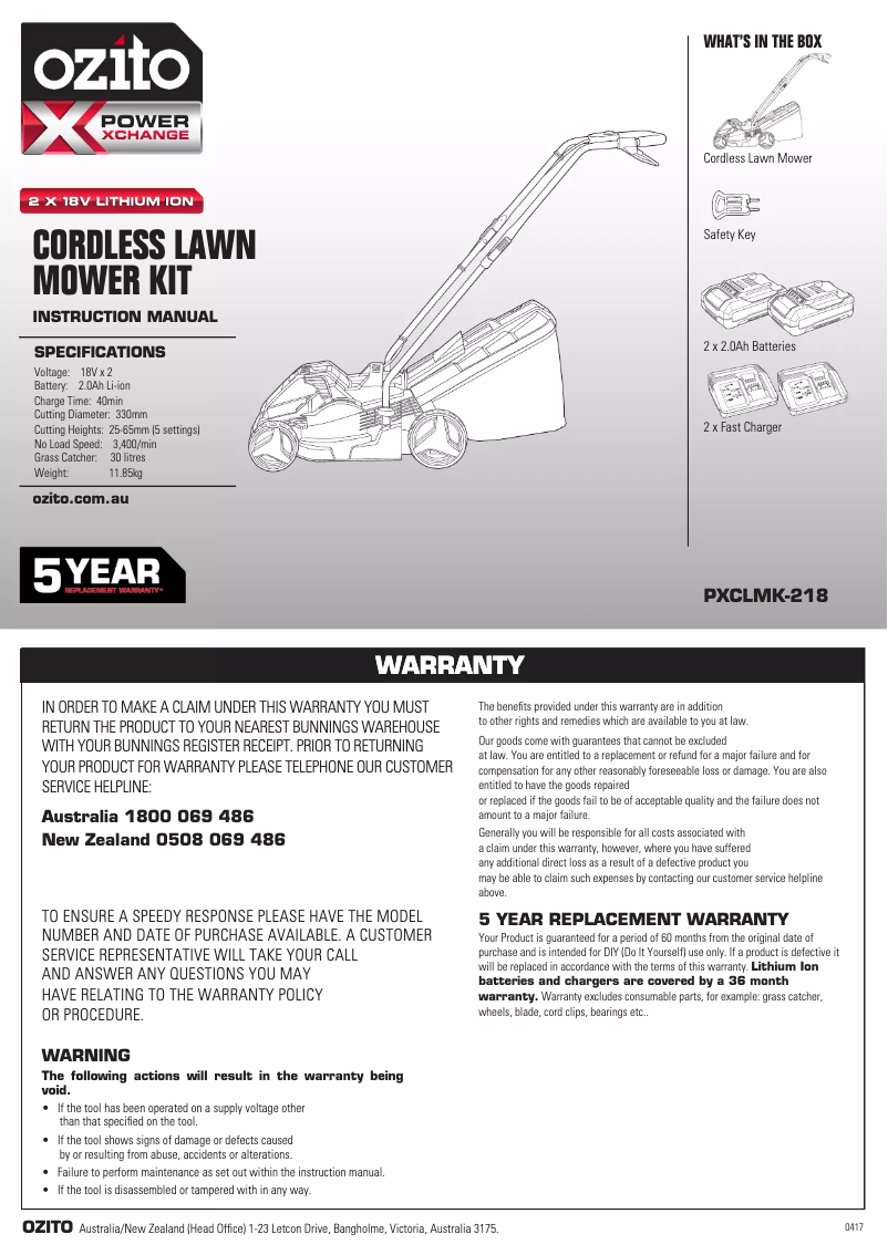 Página nº 1 - Manual de instrucciones Ozito PXCLMK-218