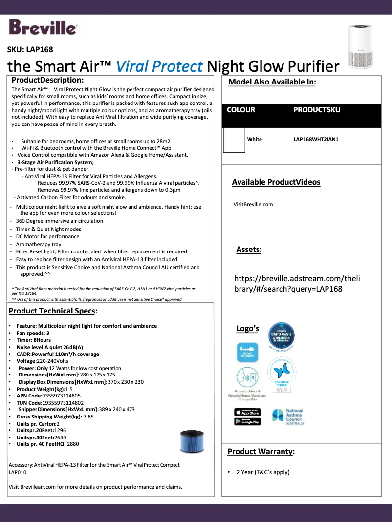 Página 1 del manual Ficha técnica Breville the Smart Air LAP168