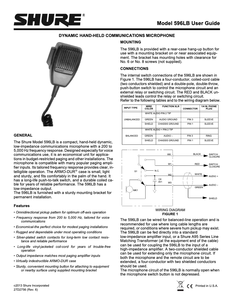 Página nº 1 - Manual de usuario Shure 596LB
