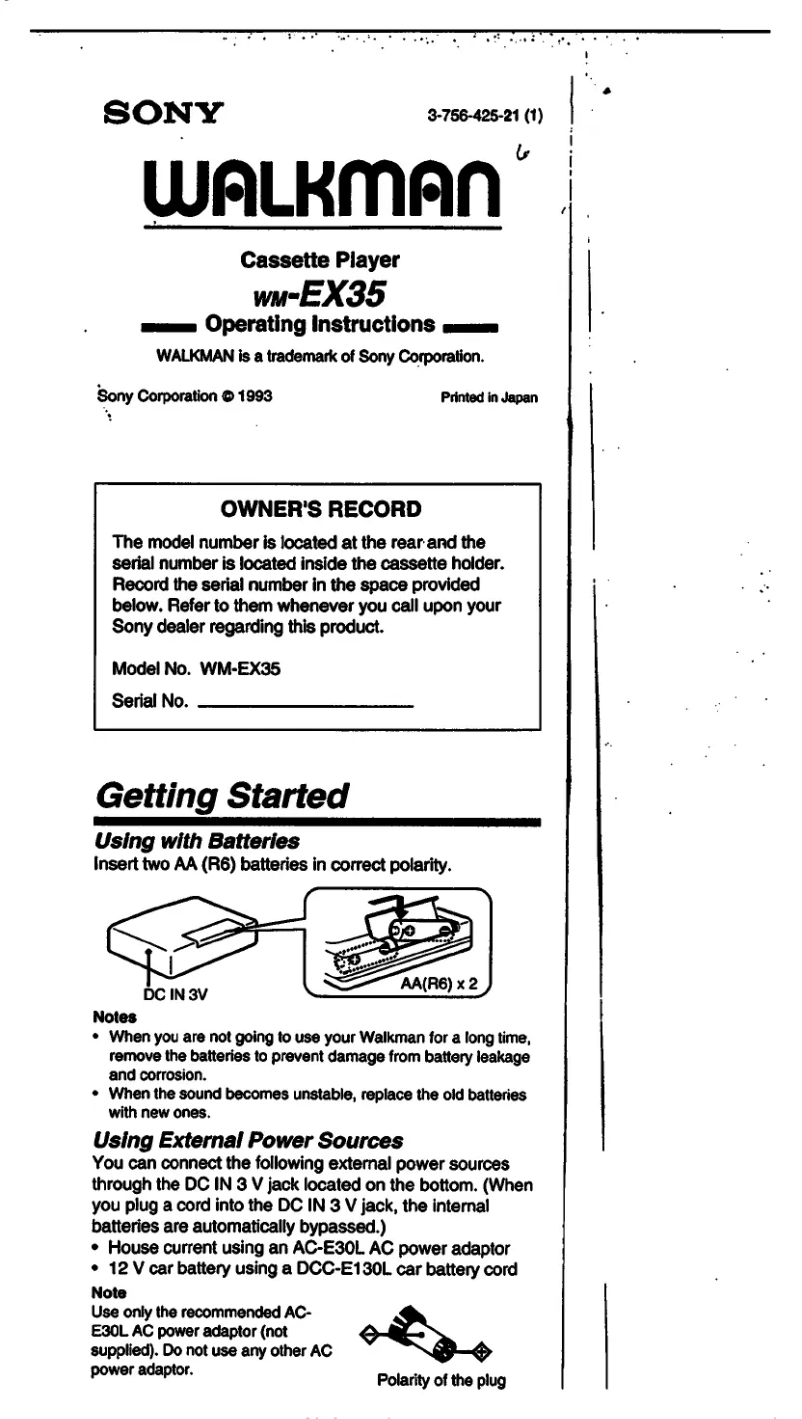Imagen de la primera página del manual del dispositivo Walkman WM-EX35