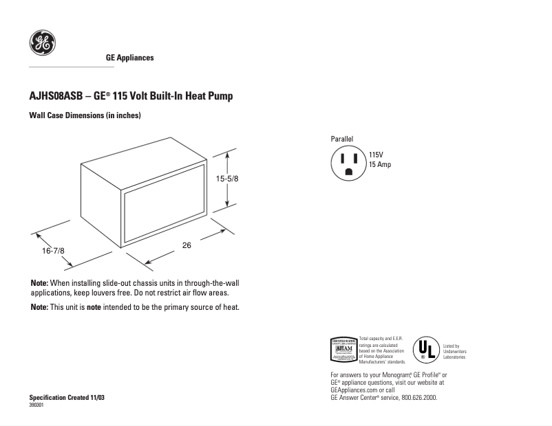 Página 1 del manual Ficha técnica GE AJHS08ASB