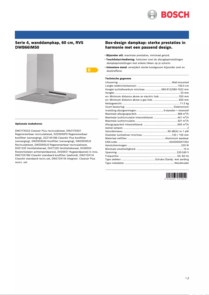 Página 1 del manual Ficha técnica Bosch DWB66IM50