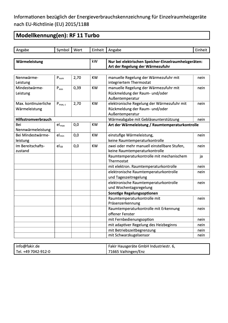 Página 1 del manual Etiqueta energética Fakir RF-11 Turbo