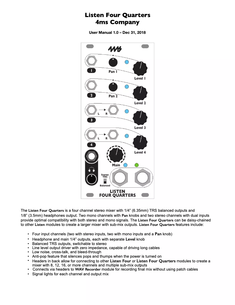 Página 1 del manual Manual de usuario 4ms Listen Four Quarters
