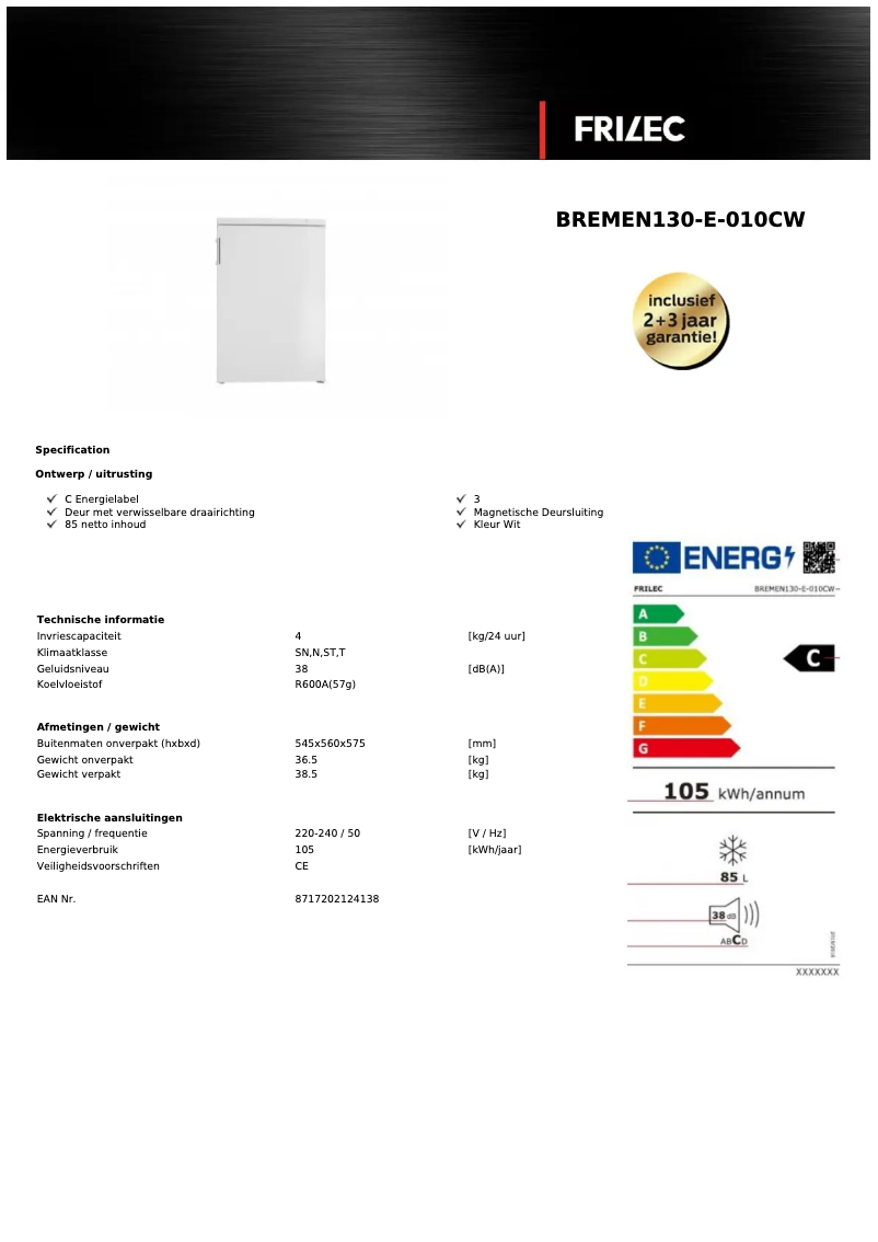 Página 1 del manual Ficha técnica Frilec BREMEN130-E-010CW