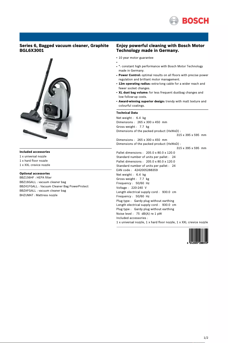 Página 1 del manual Ficha técnica Bosch Serie 6 BGL6X3001