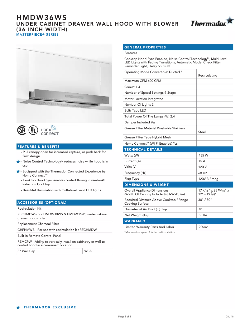 Página 1 del manual Ficha técnica Thermador HMDW36WS