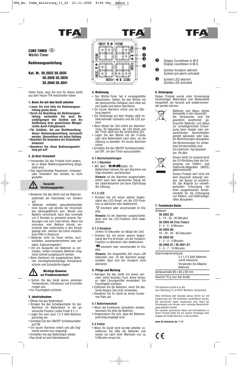 Página nº 1 - Manual de usuario TFA Cube Timer 38.2032.02