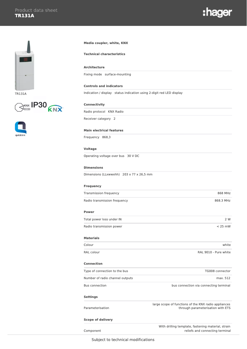 Página 1 del manual Ficha técnica Hager TR131A