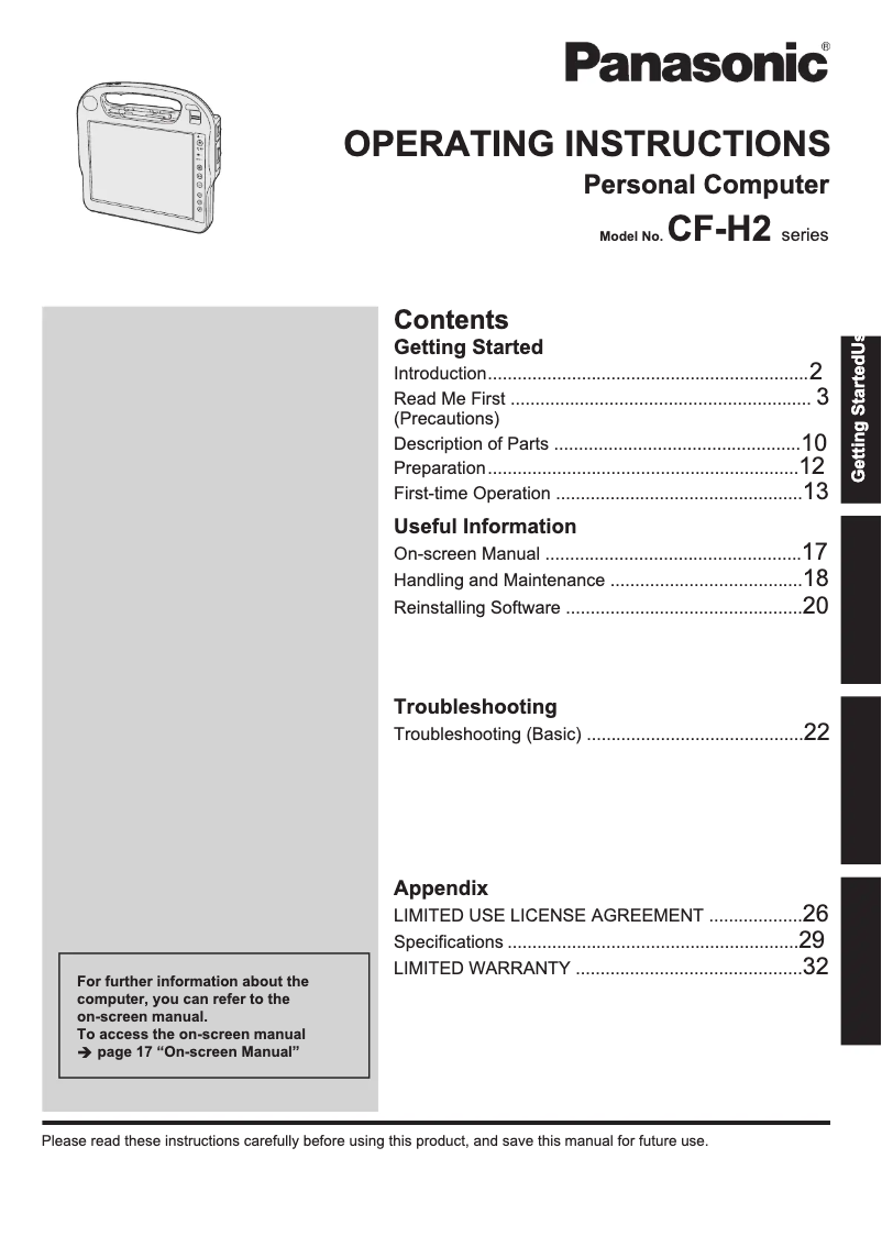 Imagen de la primera página del manual del dispositivo Toughbook CF-H2