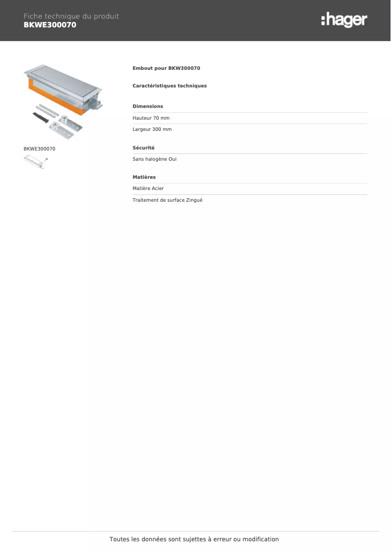 Página 1 del manual Ficha técnica Hager BKWE300070