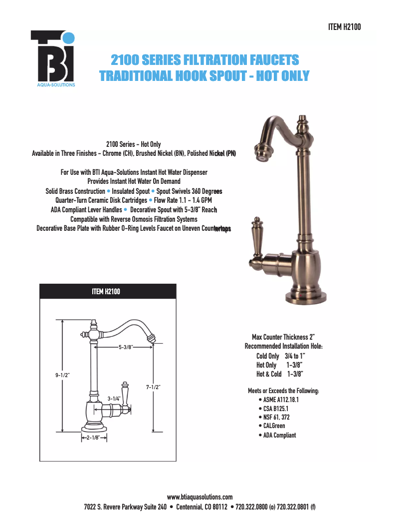 Página 1 del manual Ficha técnica BTI Aqua-Solutions H2100