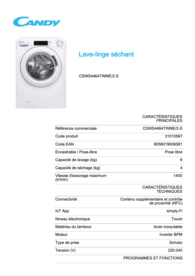 Página 1 del manual Ficha técnica Candy CSWS4464TWME/2-S