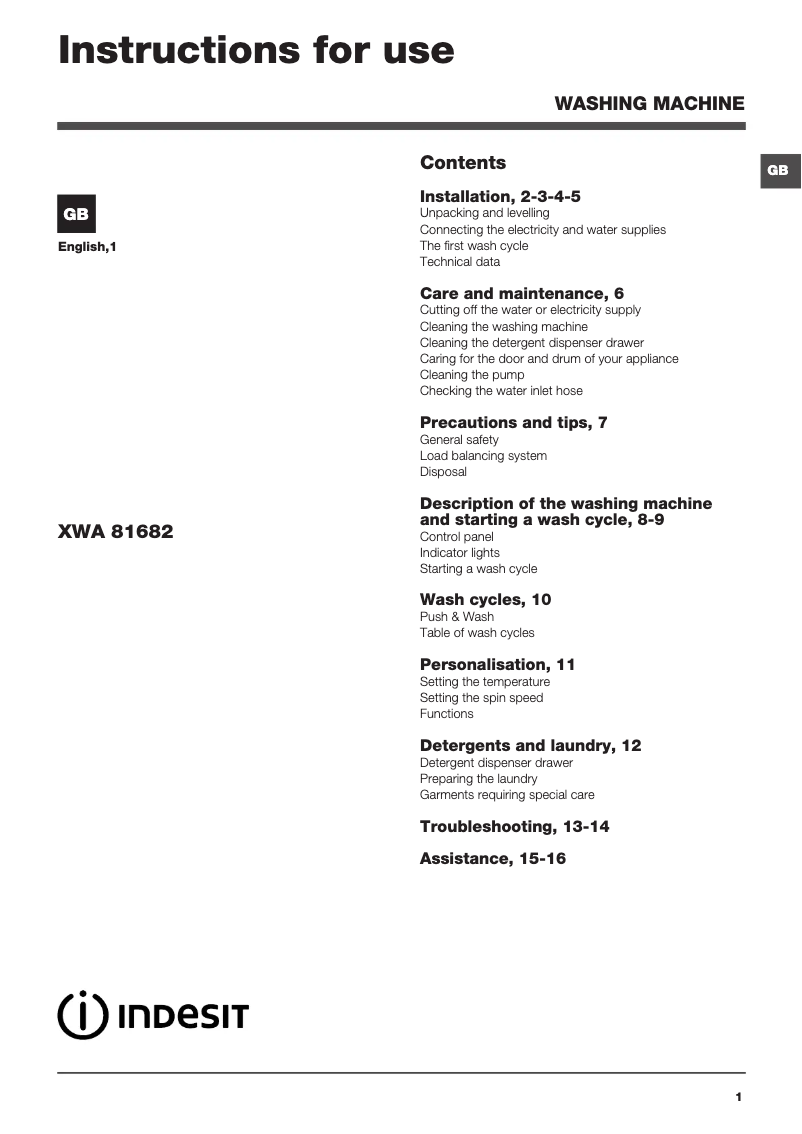 Página 1 del manual Manual de usuario Indesit XWA 81682X S UK