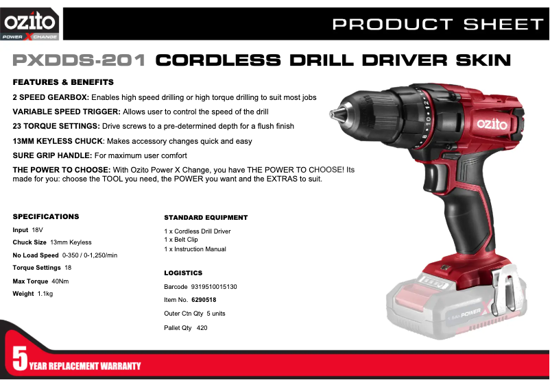 Página 1 del manual Ficha técnica Ozito PXDDS-201