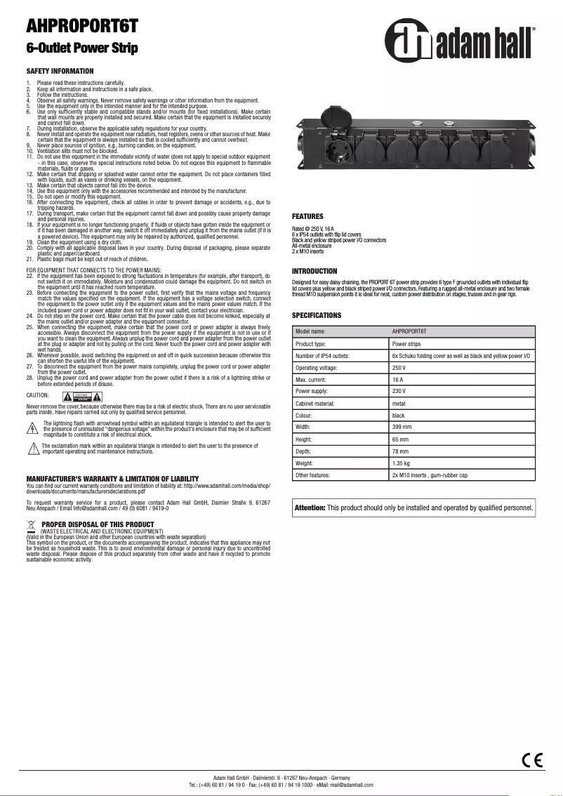 Página 1 del manual Manual de usuario Adam Hall AHPROPORT6T