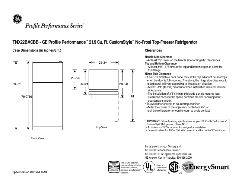 Página 1 del manual Ficha técnica GE Profile Performance TNX22BACRBB