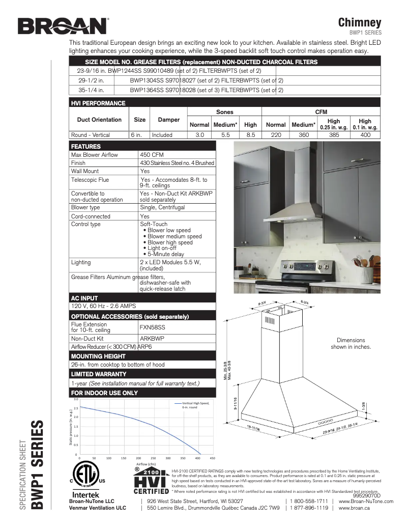 Página 1 del manual Ficha técnica Broan BWP1364SS