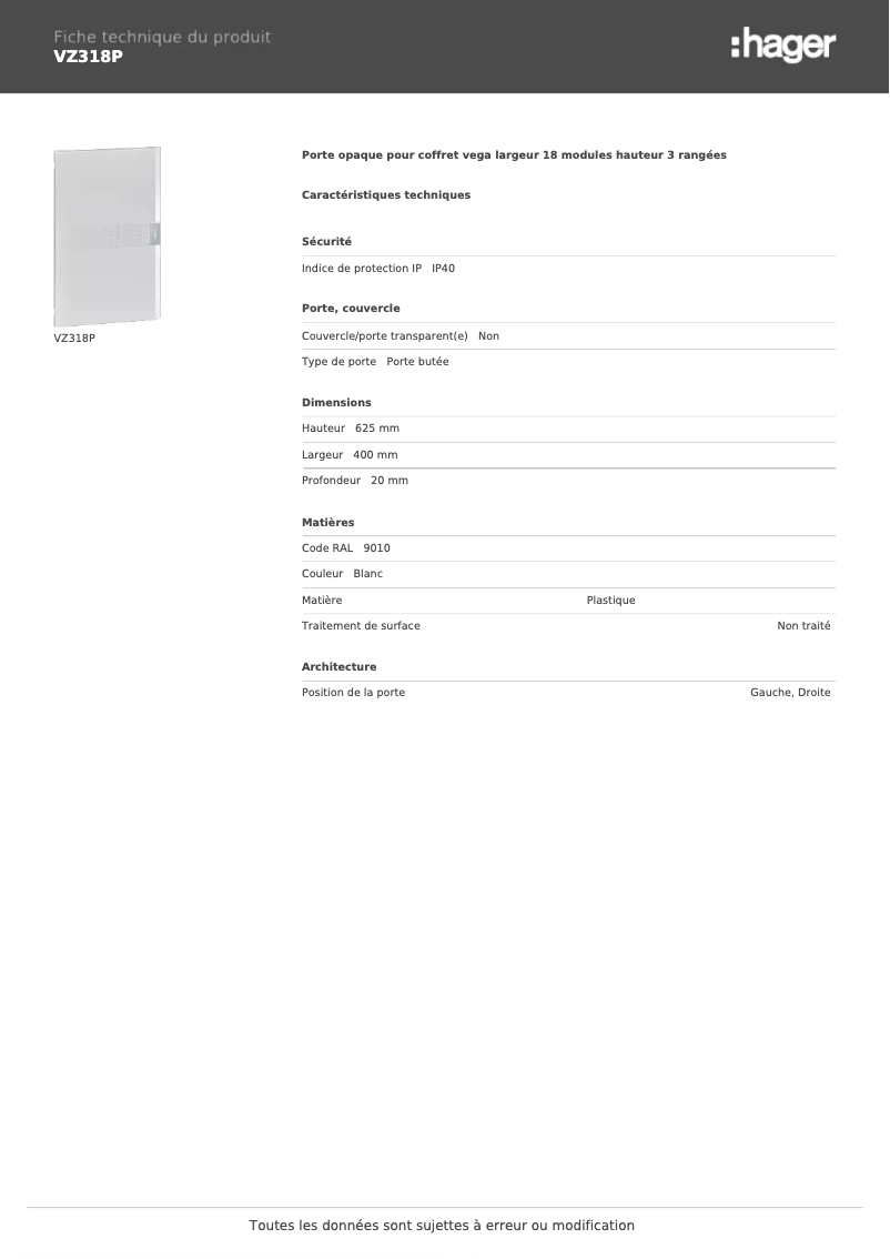 Página 1 del manual Ficha técnica Hager VZ318P