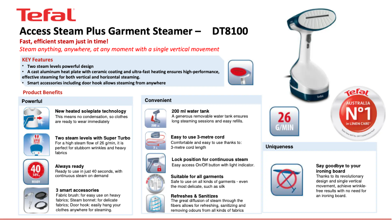 Página 1 del manual Ficha técnica Tefal Access Steam Plus DT8100