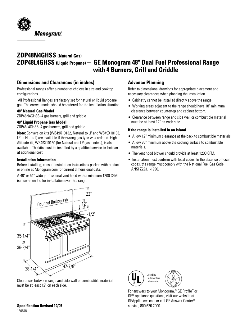 Página nº 1 - Ficha técnica GE ZDP48N4GHSS