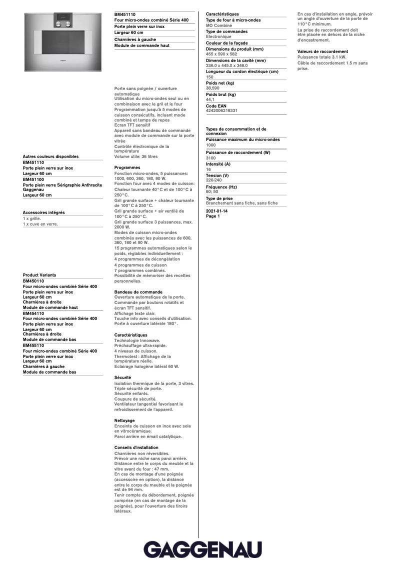 Página nº 1 - Ficha técnica Gaggenau BM451110