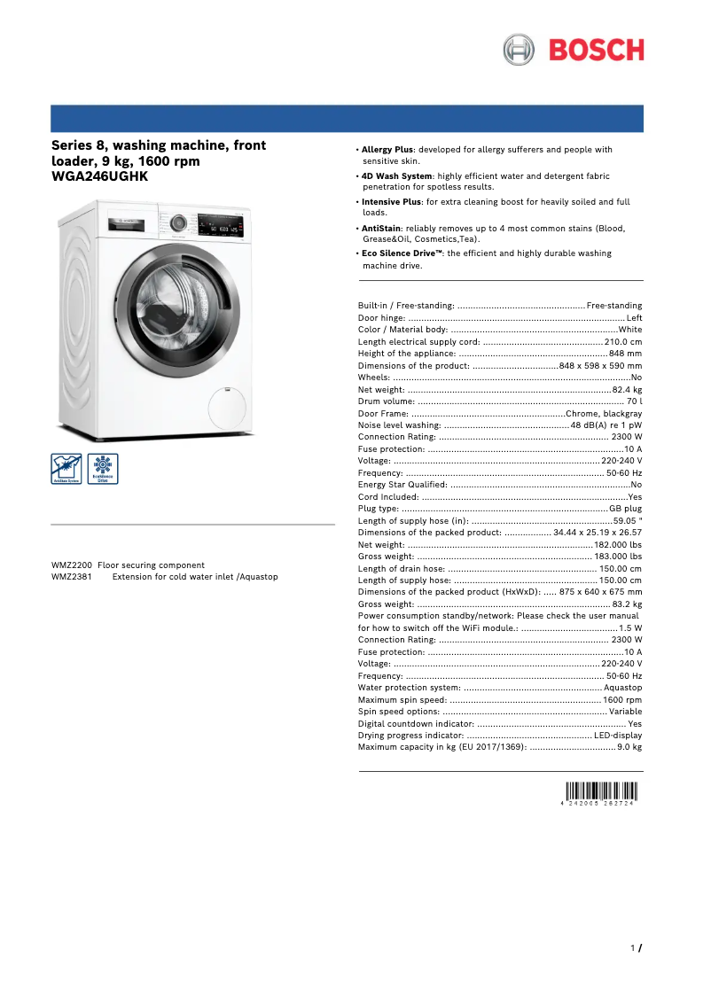 Página 1 del manual Ficha técnica Bosch WGA246UGHK