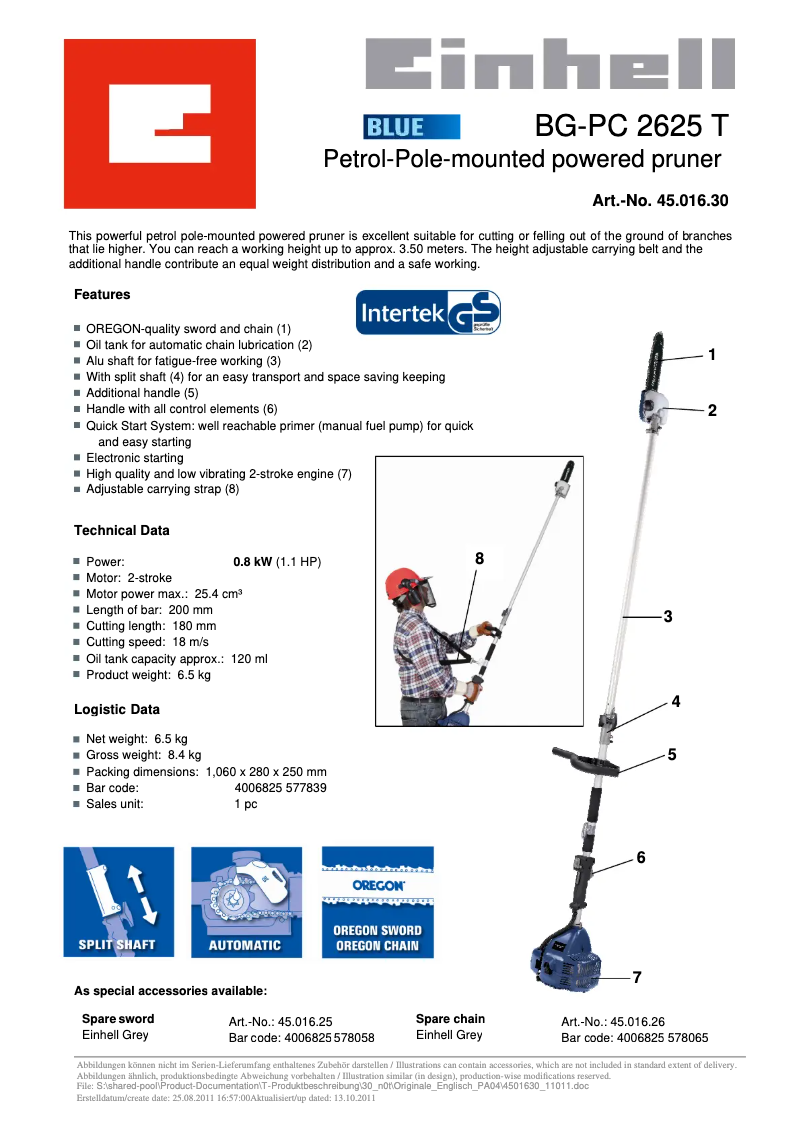 Página 1 del manual Ficha técnica Einhell BG-PC 2625 T