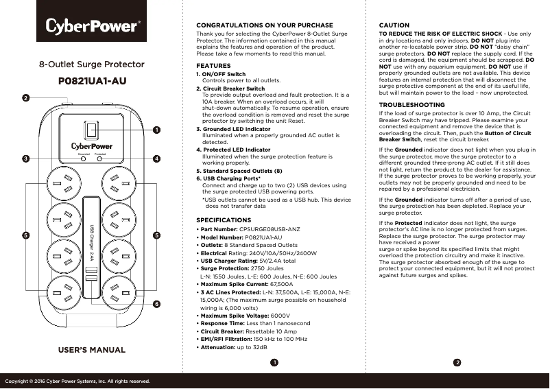 Imagen de la primera página del manual del dispositivo CPSURGE08USB-ANZ