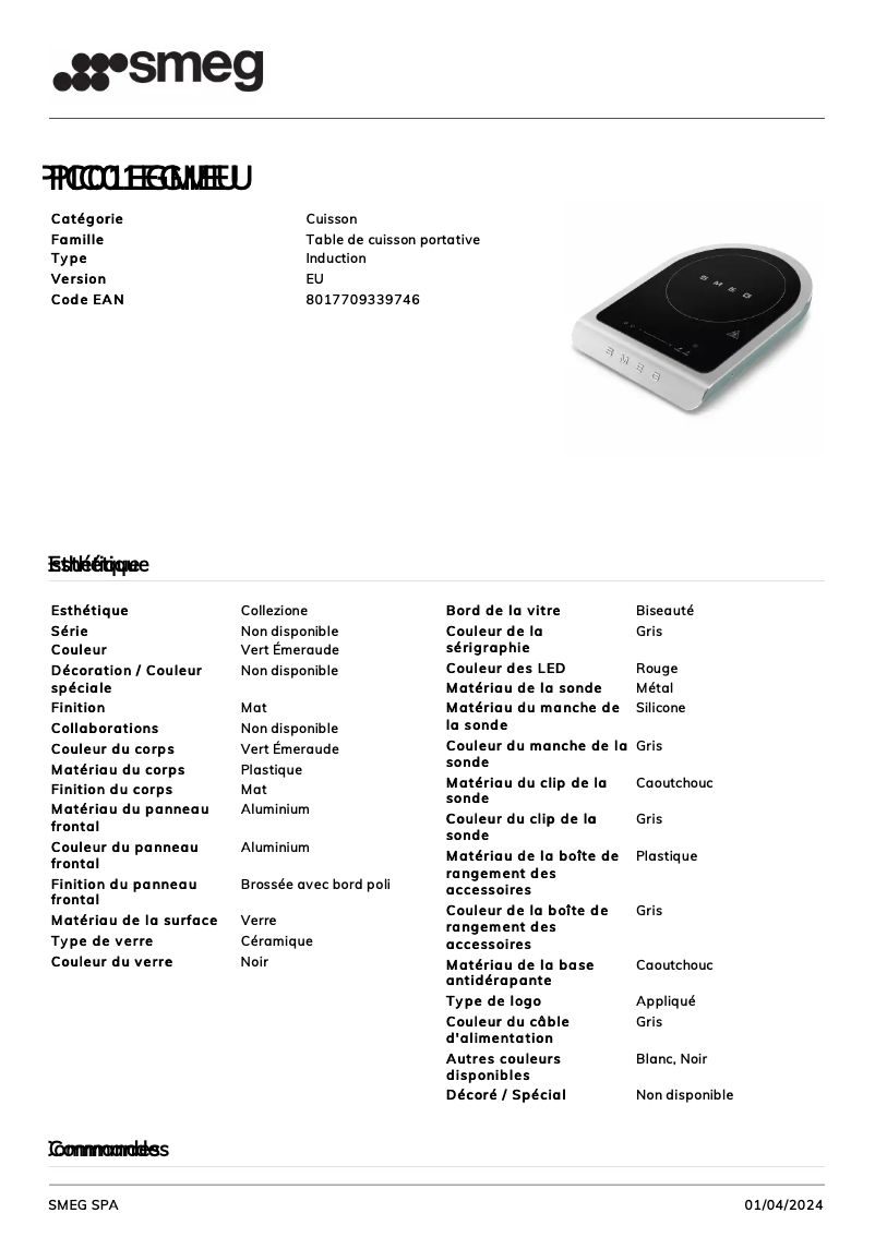 Página 1 del manual Ficha técnica Smeg PIC01