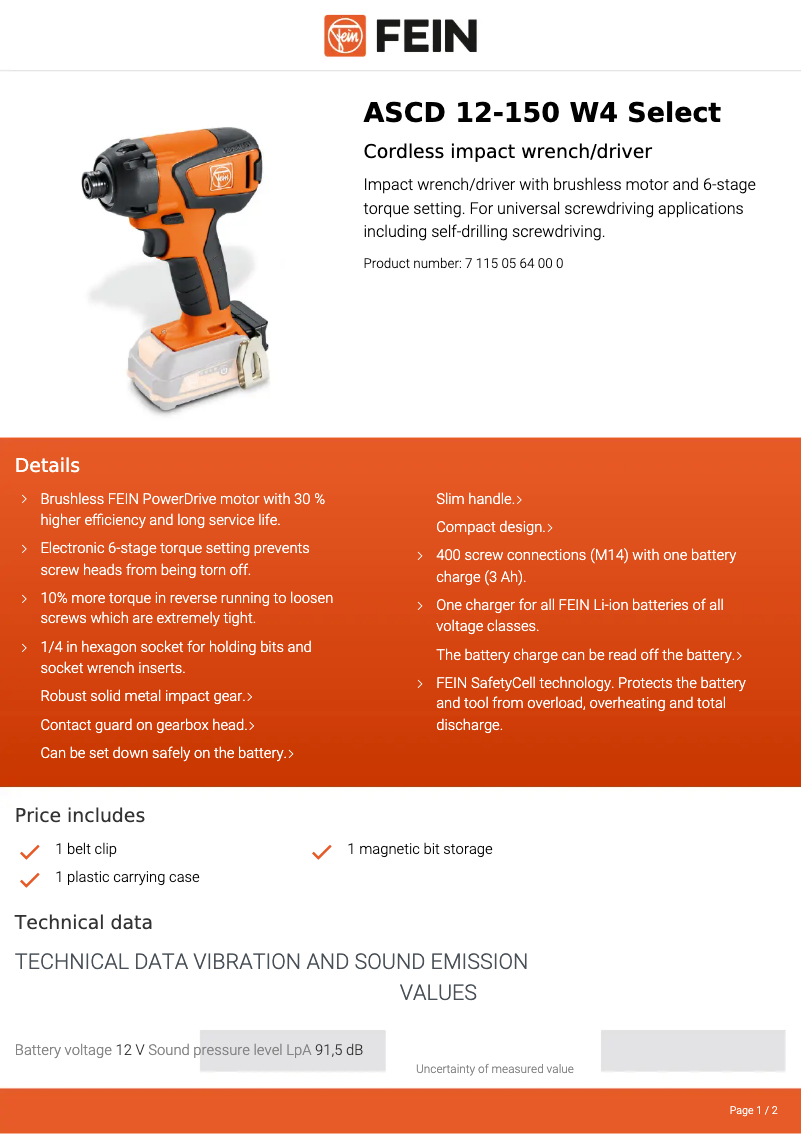 Página 1 del manual Ficha técnica Fein ASCD 12-150 W4 Select