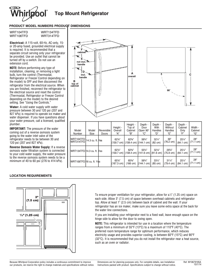 Página 1 del manual Dibujo técnico Whirlpool WRT104TFDW