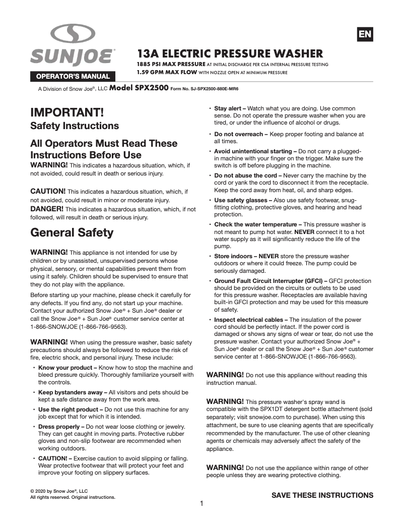 Página nº 1 - Manual de usuario Sun Joe SPX2500
