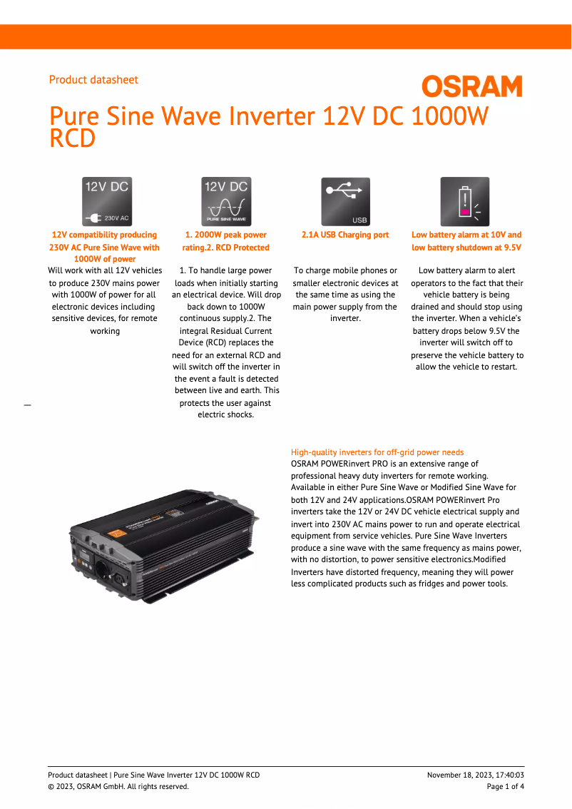 Página 1 del manual Ficha técnica Osram Pure Sine Wave 12V DC 1000W RCD