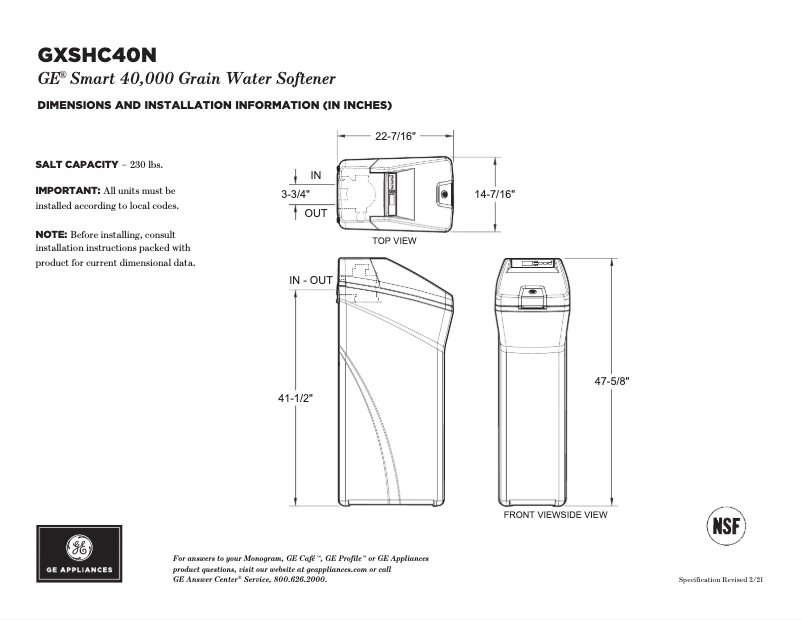 Página 1 del manual Ficha técnica GE GXSHC40N