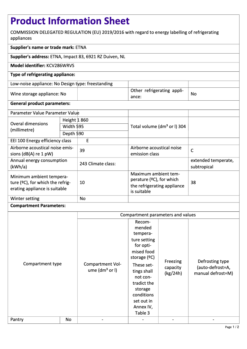 Página 1 del manual Ficha técnica Etna KCV286WRVS