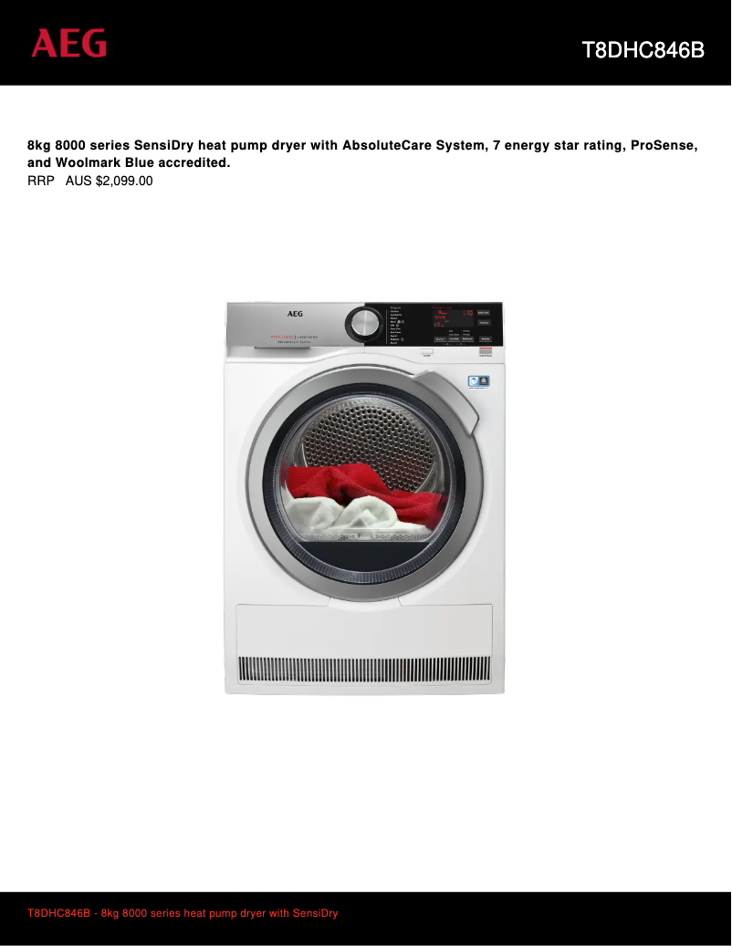 Página 1 del manual Ficha técnica AEG T8DHC846B