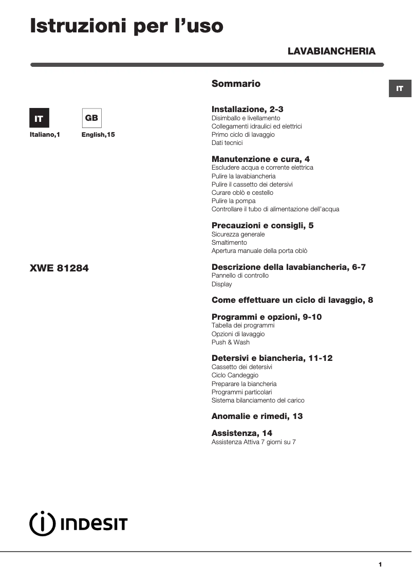 Página 1 del manual Manual de usuario Indesit XWE 81284X WWGG IT