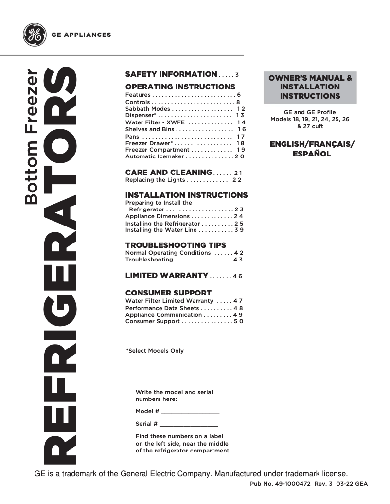 Página 1 del manual Ficha técnica GE GNE21FYKFS