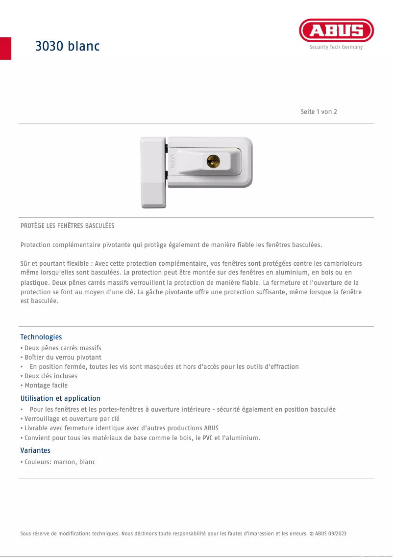 Página 1 del manual Ficha técnica Abus 3030